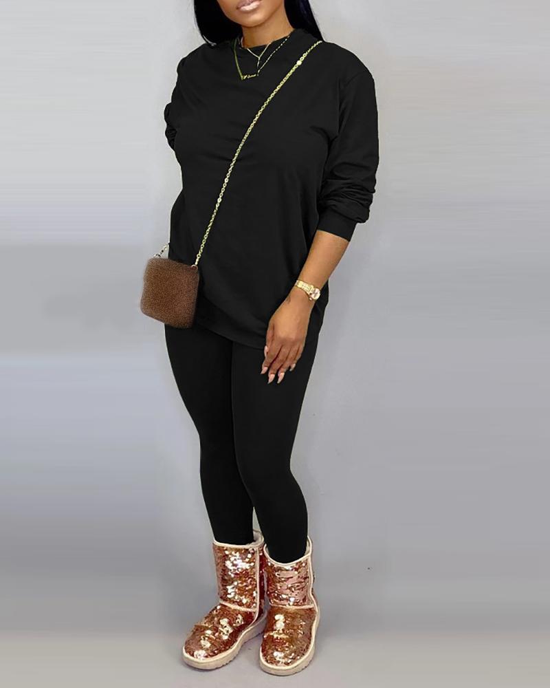 

Plain Long Sleeve Sweatshirt & Skinny Pants Set, Black