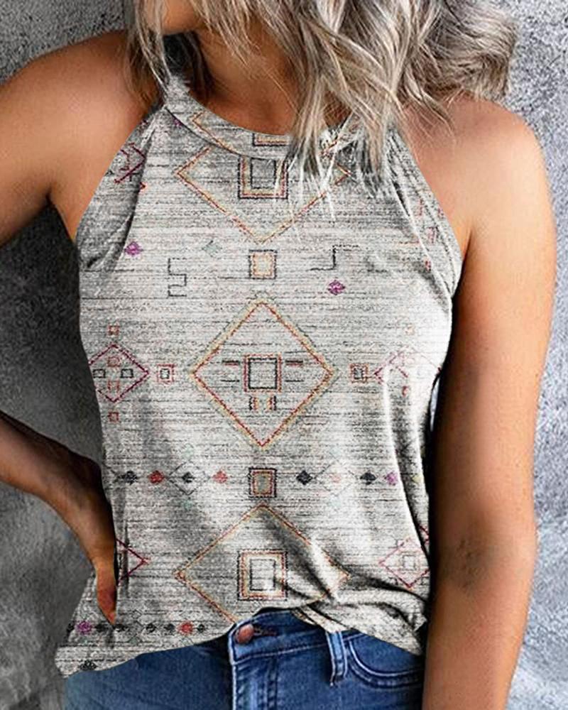

Vintage Geometric Print Crew Neck Casual Tank Top, Gray