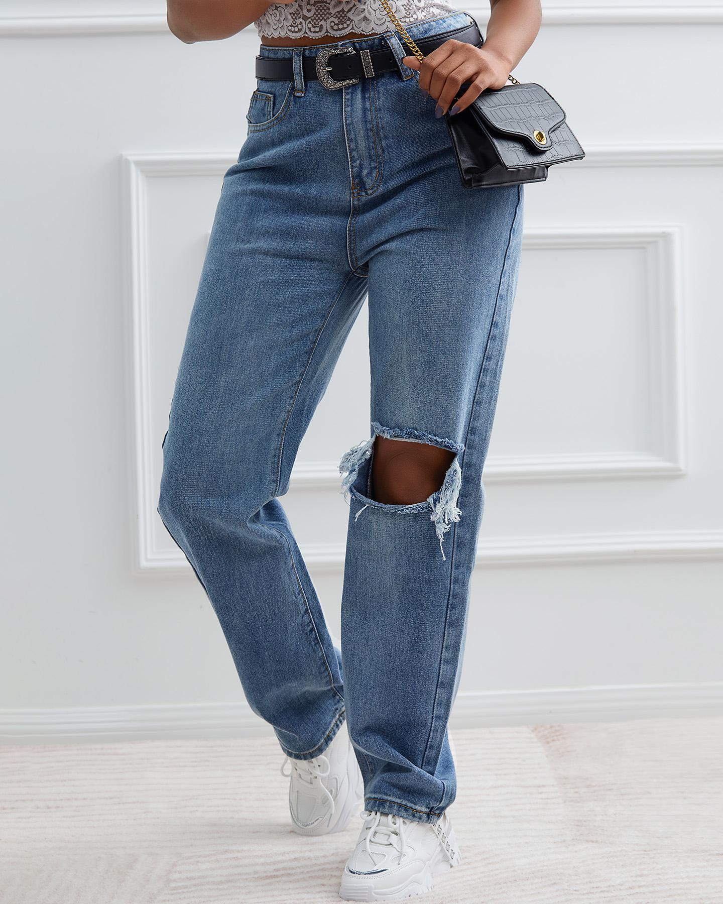 

High Waist Ripped Cutout Buttoned Denim Pants, Blue