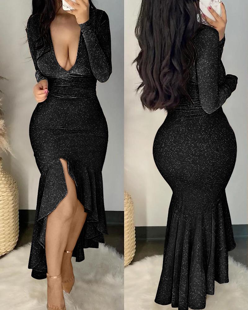 

Long Sleeve Deep V-Neck Glitter Mermaid Dress, Black