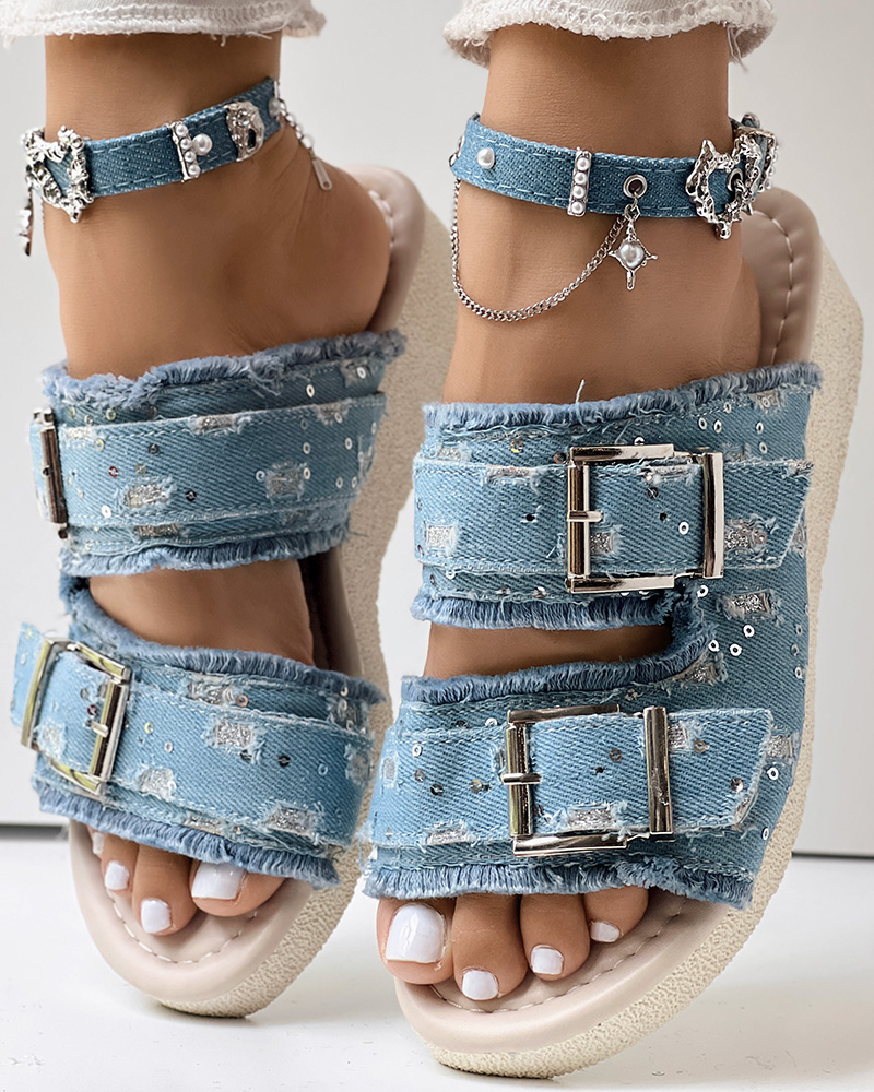 

Sapatos de cunha jeans com fivela de bainha crua com lantejoulas contrastantes, Blue