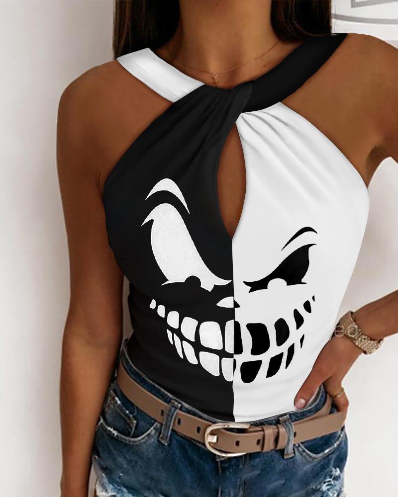 

Halloween Graphic Print Colorblock Tank Top, Blackwhite