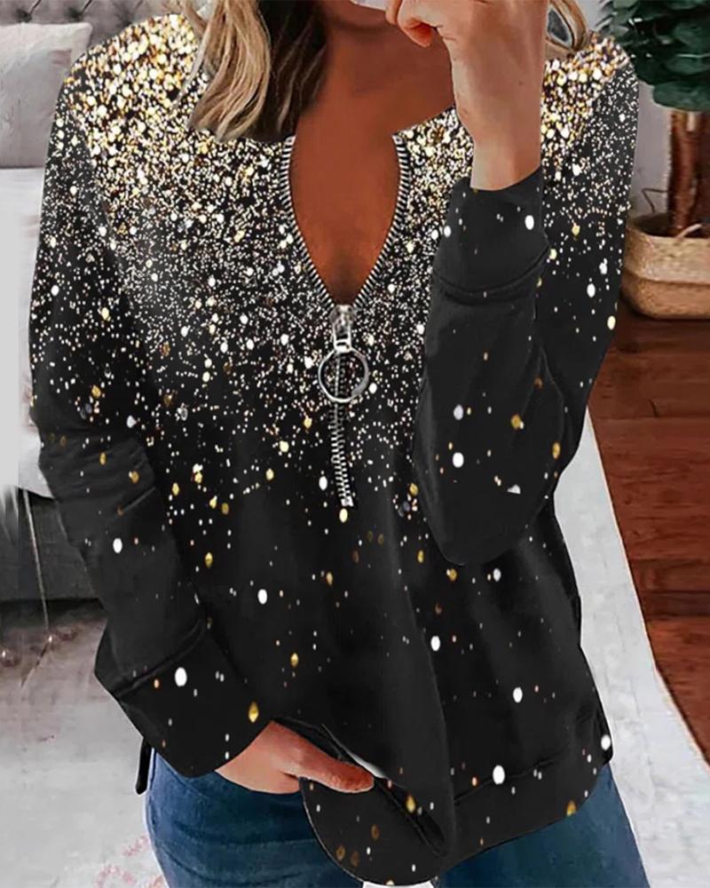 

Zip Front Long Sleeve Print Top, Yellow