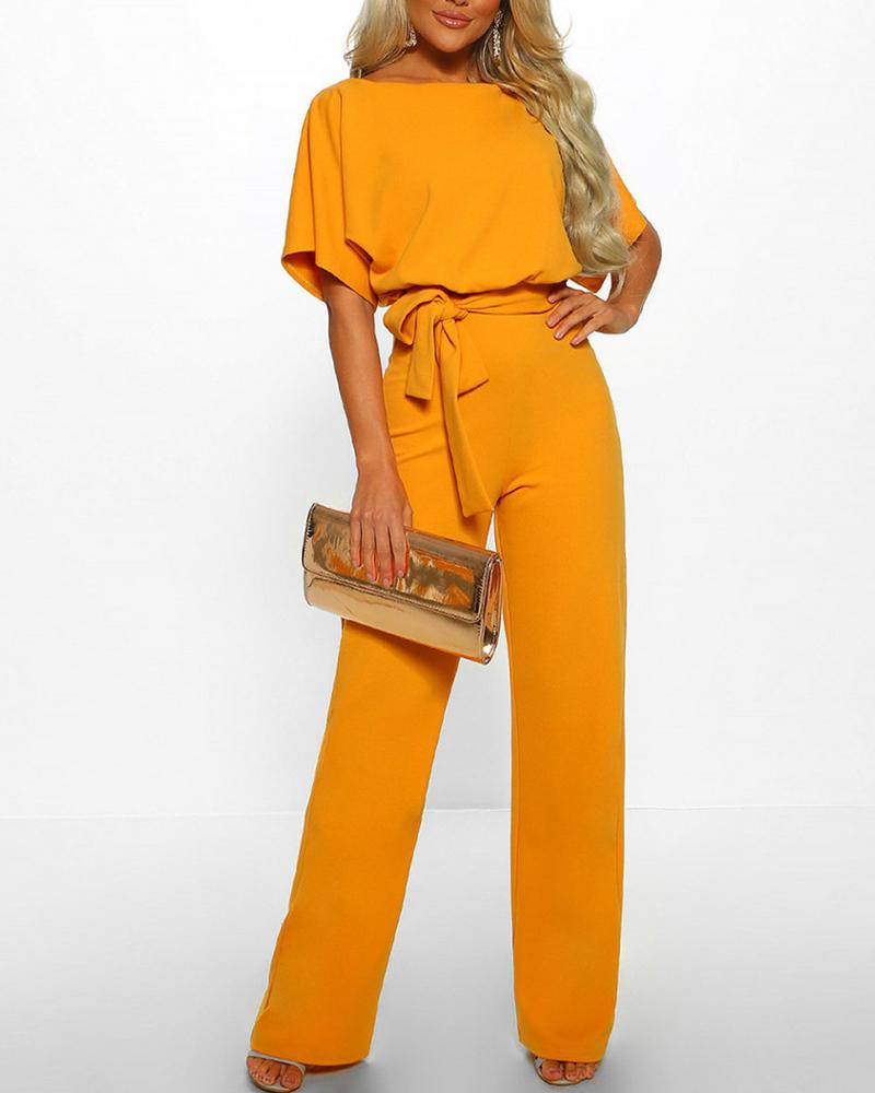 

Batwing Sleeve Keyhole Back Belted Jumpsuit, Yellow