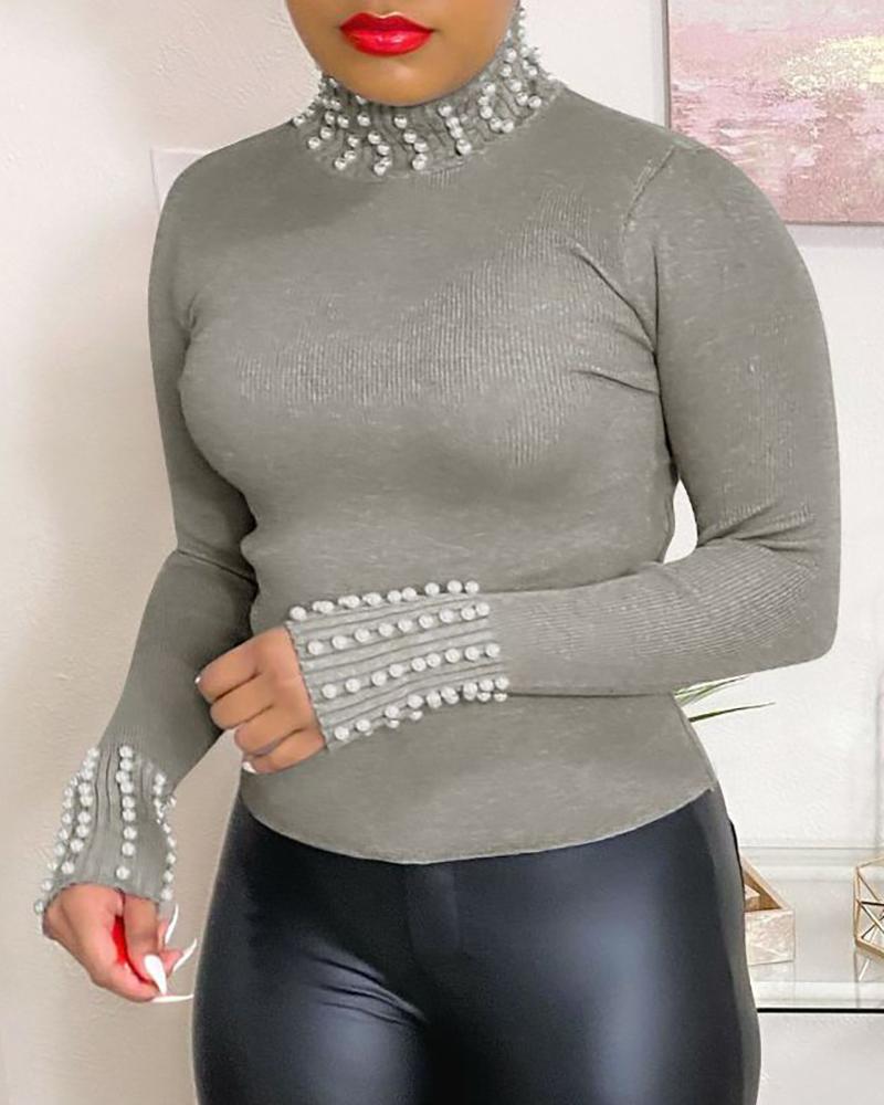 

Beaded Long Sleeve Blouse, Gray