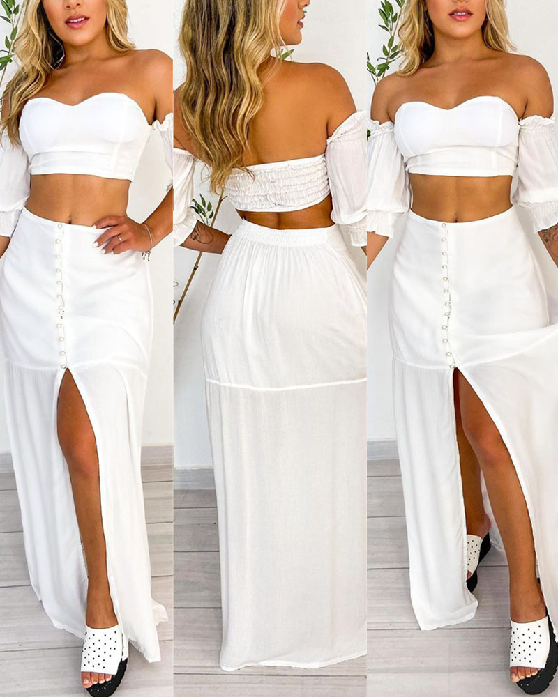 

Off Shoulder Shirred Crop Top & Split Thigh Skirt Set, White