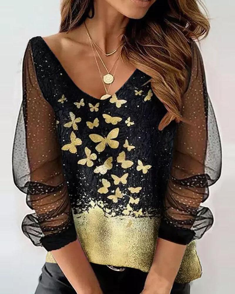 

Butterfly Print Contrast Mesh Long Sleeve Top, Black