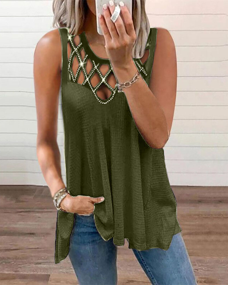 

Rhinestone Decor Hollow Out Casual Tank Top, Green