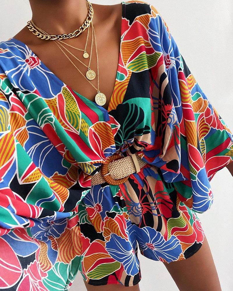 

Floral Pattern Print Bell Sleeve Romper, Multicolor