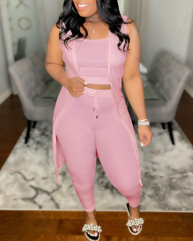 

3PCS Ribbed Crop Tank Top & Pants Set With Vest Coat, Light pink