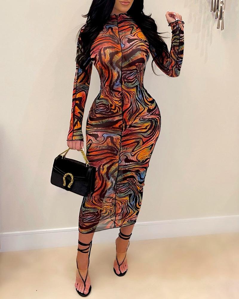 

Abstract Print Long Sleeve Bodycon Dress, Orange