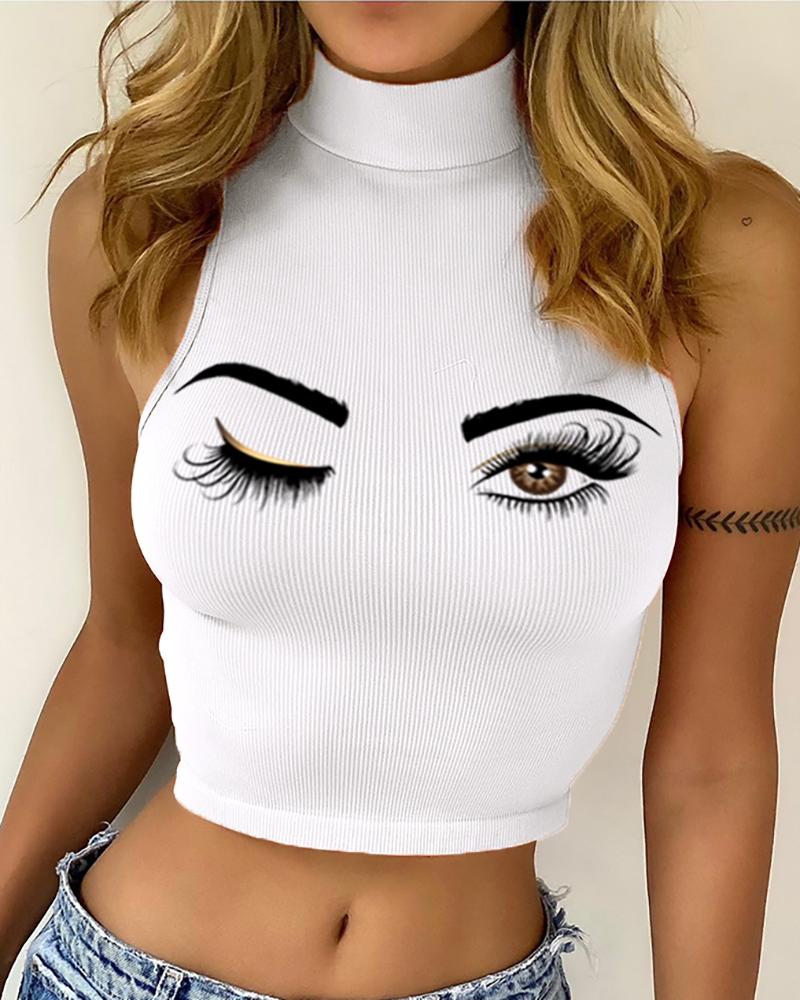 

Eyes Print High Neck Tank Top, White