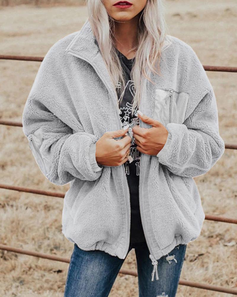 

Long Sleeve Pocket Detail Zip Up Teddy Coat, Gray