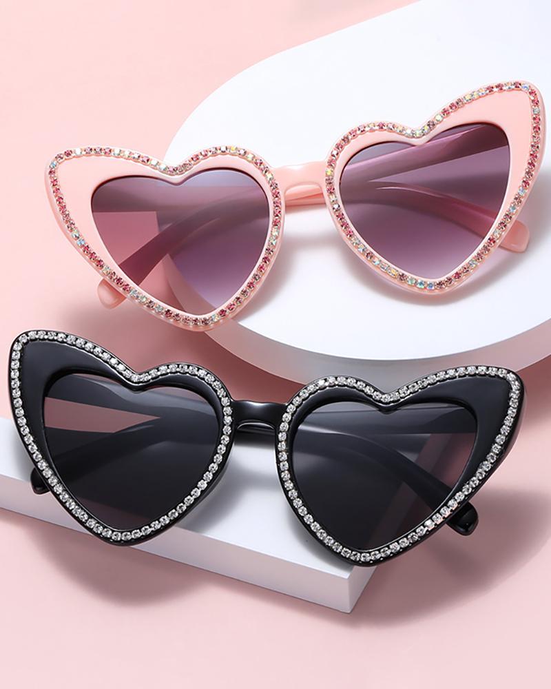 

1Pair Heart Shaped Frame Rhinestone Decor Sunglasses, Black