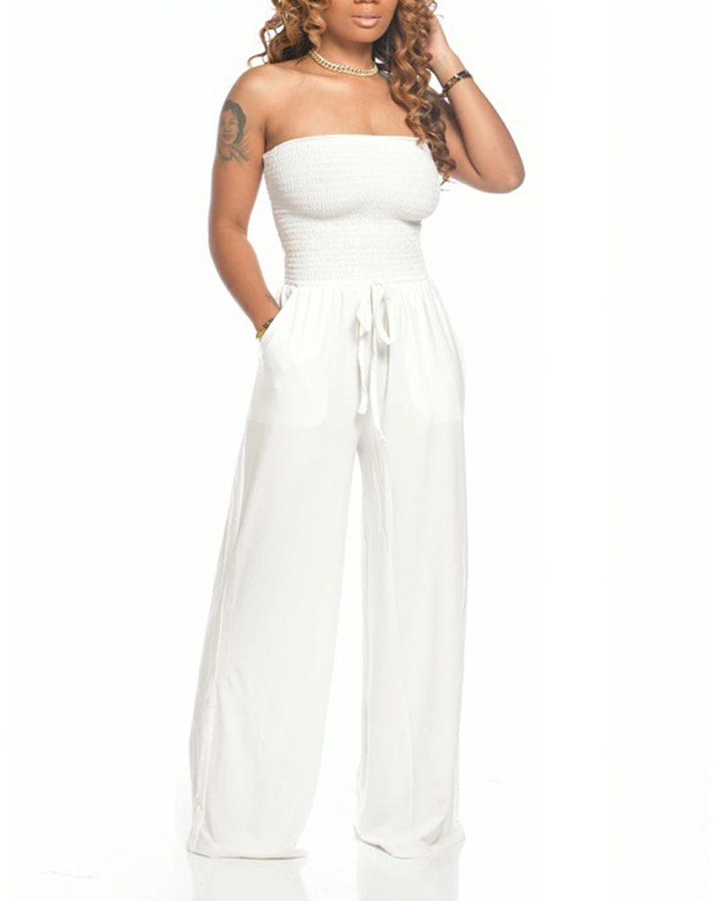 

Shirred Bandeau Pocket Detail Drawstring Jumpsuit, White