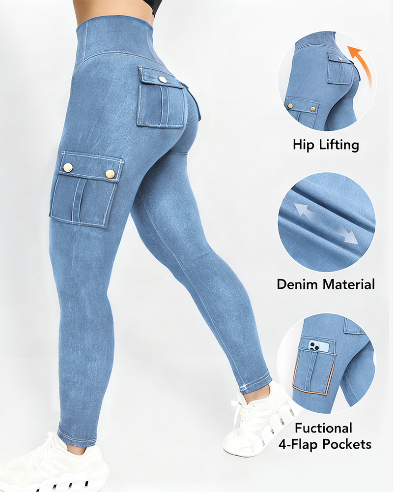 

Leggings taille haute effet denim gainant et liftant les fesses, pantalon de yoga extensible avec poches à rabat, Lighted blue