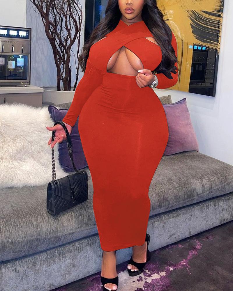 

Plus Size Crisscross Cutout Long Sleeve Bodycon Dress, Red