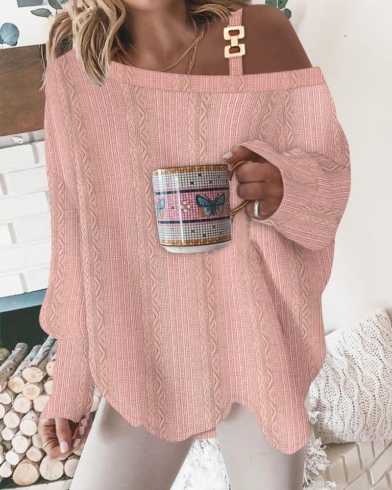 

Cold Shoulder Chain Decor Cable Textured Top, Pink