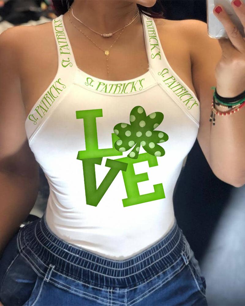 

Saint Patrick' Day Clover Print Sleeveless Skinny Tanks, White
