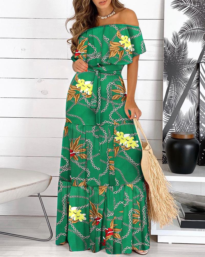 

Chain Print Off Shoulder Ruffle Hem Belted Maxi Dress, Green