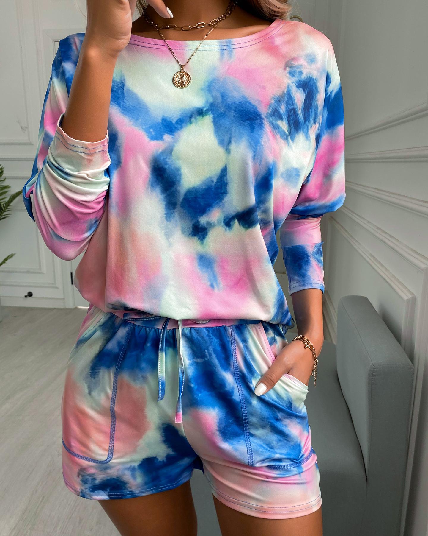 

Tie Dye Print Top & Drawstring Shorts Set, Blue