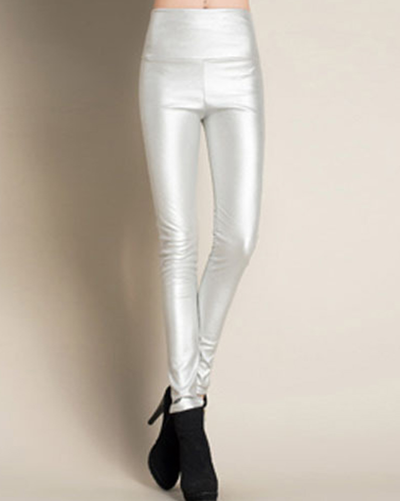 

PU Leather High Waist Thermal Warm Fleece Lined Leggings, Silver
