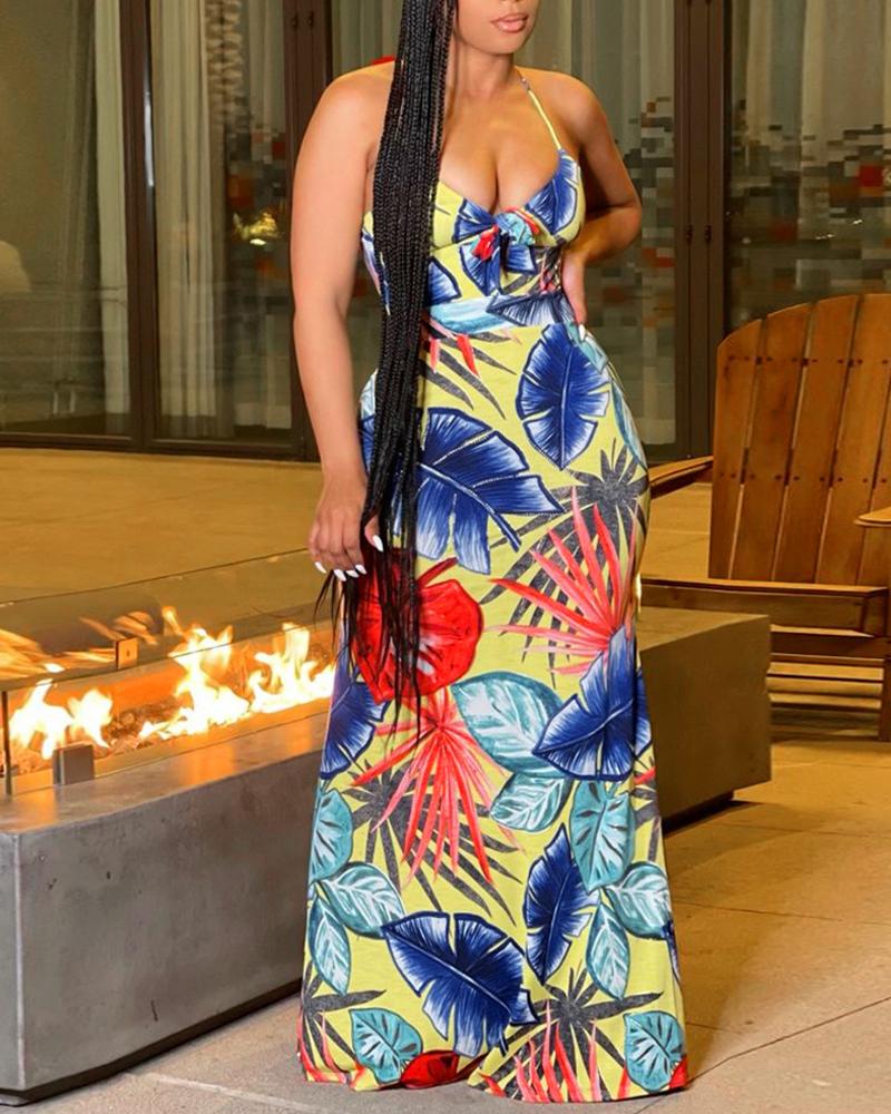 

Floral Print Strap Long Dress, Red