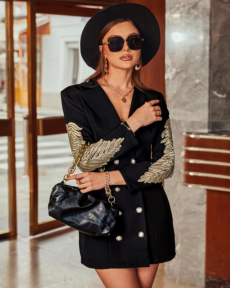 

Wings Pattern Contrast Sequin Double Breasted Blazer Dress, Black