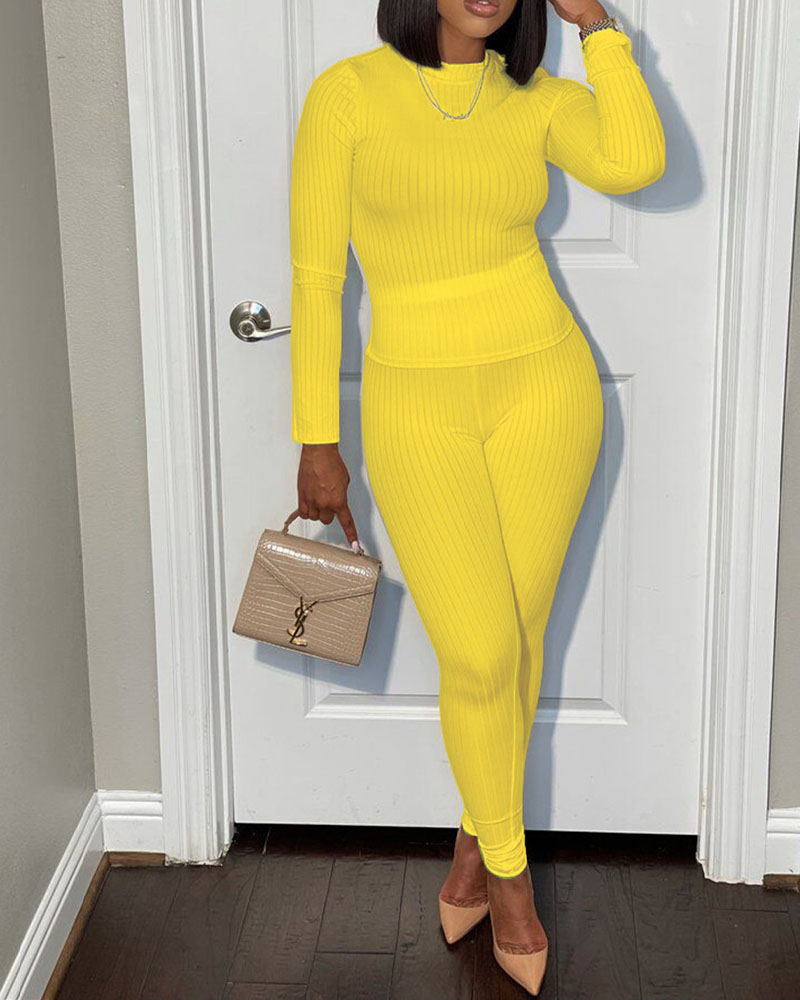 

Long Sleeve Ribbed Top & Skinny Pants Set, Yellow
