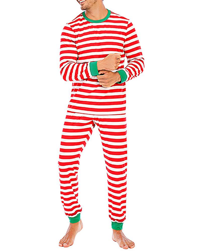 

Men Colorblock Striped Long Sleeve Pajama Set, Red