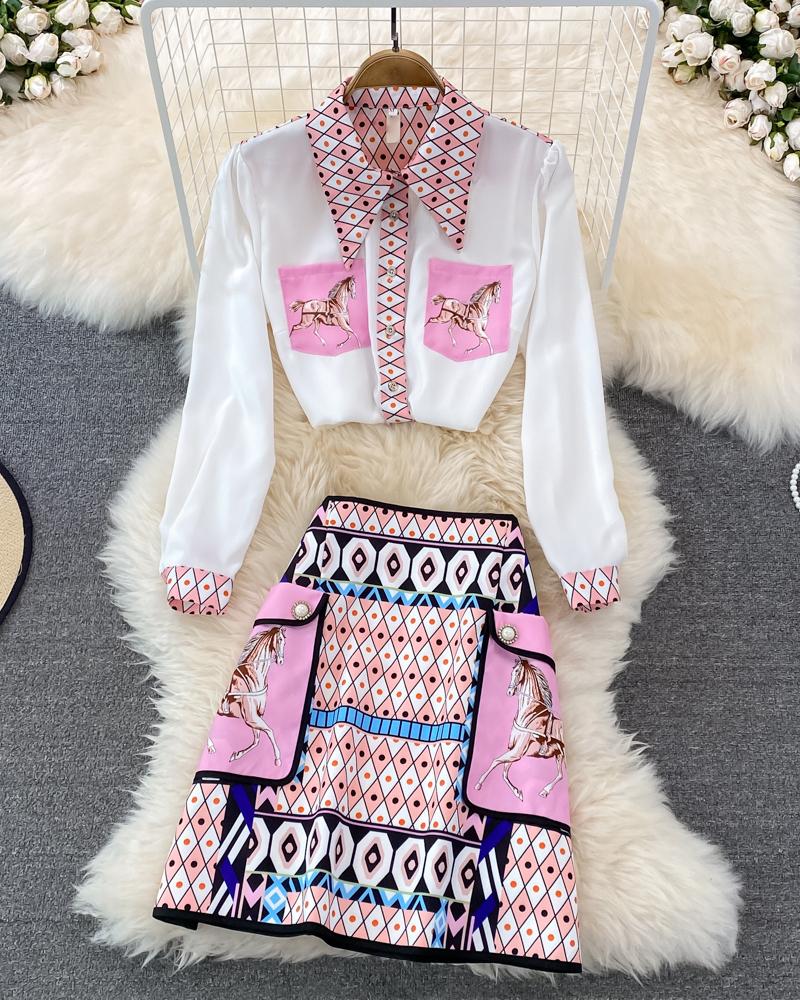 

Geometric Horse Print Shirt & High Waist Skirt Set, Pink