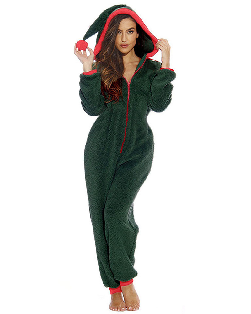 

Christmas Zip Front Fluffy Hooded Adult Onesie, Green