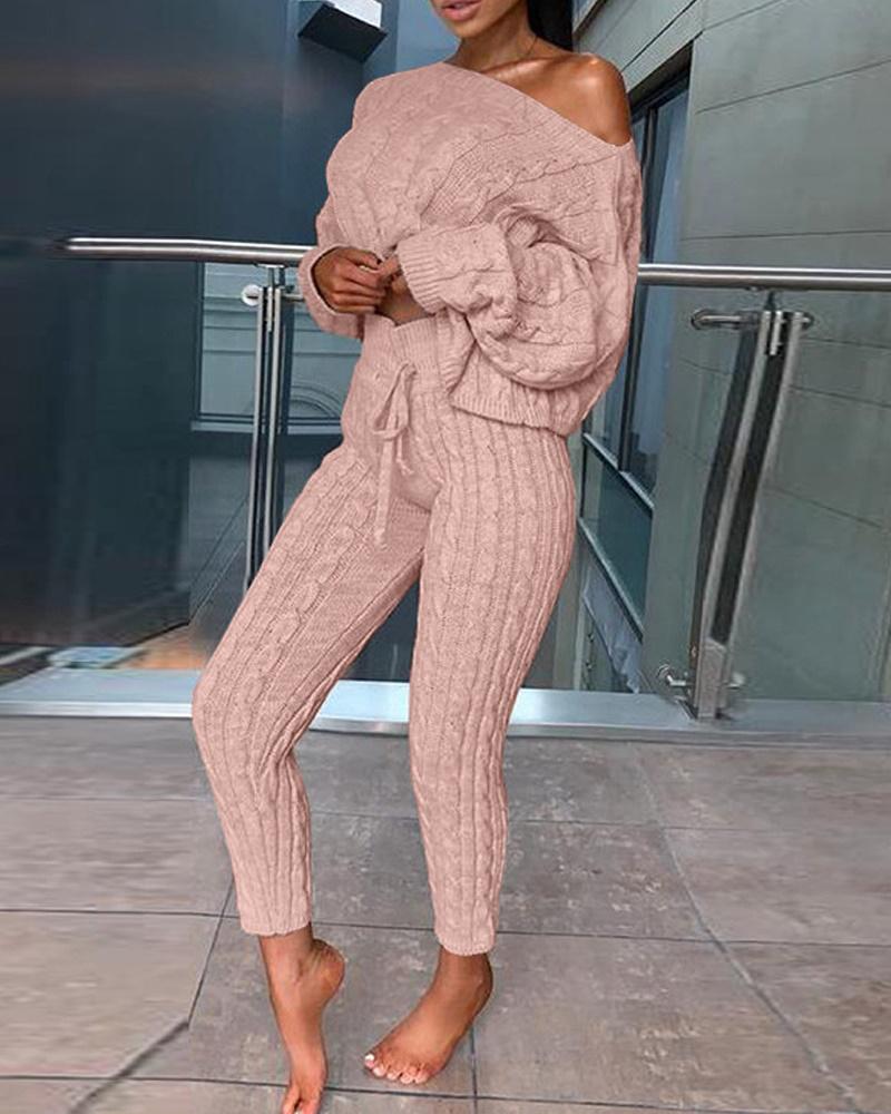 

Long Sleeve Cable Knit Sweater & Pants Set, Pink