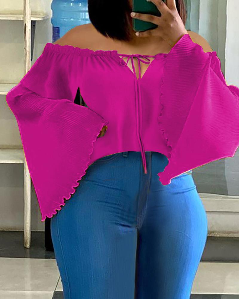 

Off Shoulder Bell Sleeve Pleated Plain Top, Hot pink