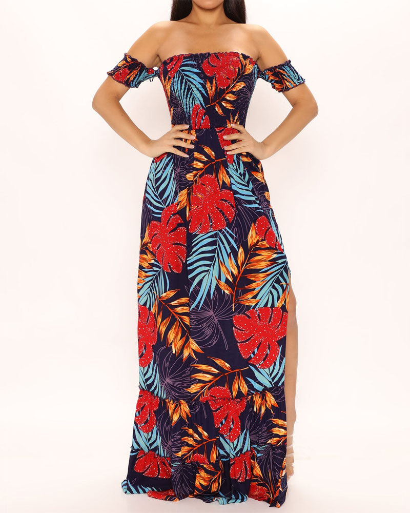 

Off Shoulder Split Thigh Shirred Tropical Print Dress, Red