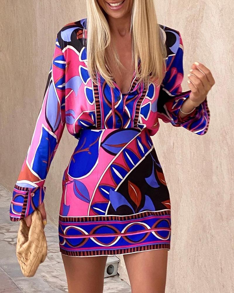 

Allover Print Long Sleeve Button Down Shirt & Skirt Set, Multicolor