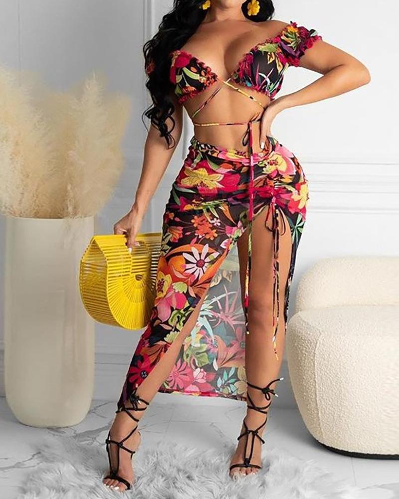 

Frill Hem Short Sleeve Top & Drawstring Skirt Set, Multicolor