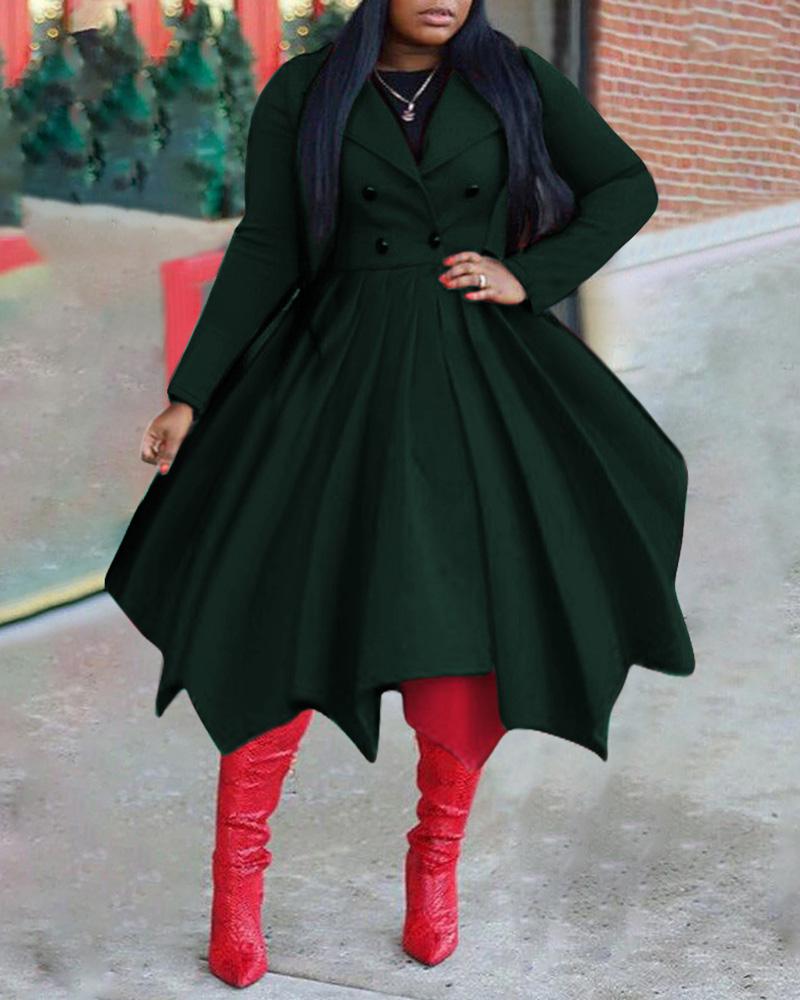 

Long Sleeve Double Breasted Ruched Coat, Green
