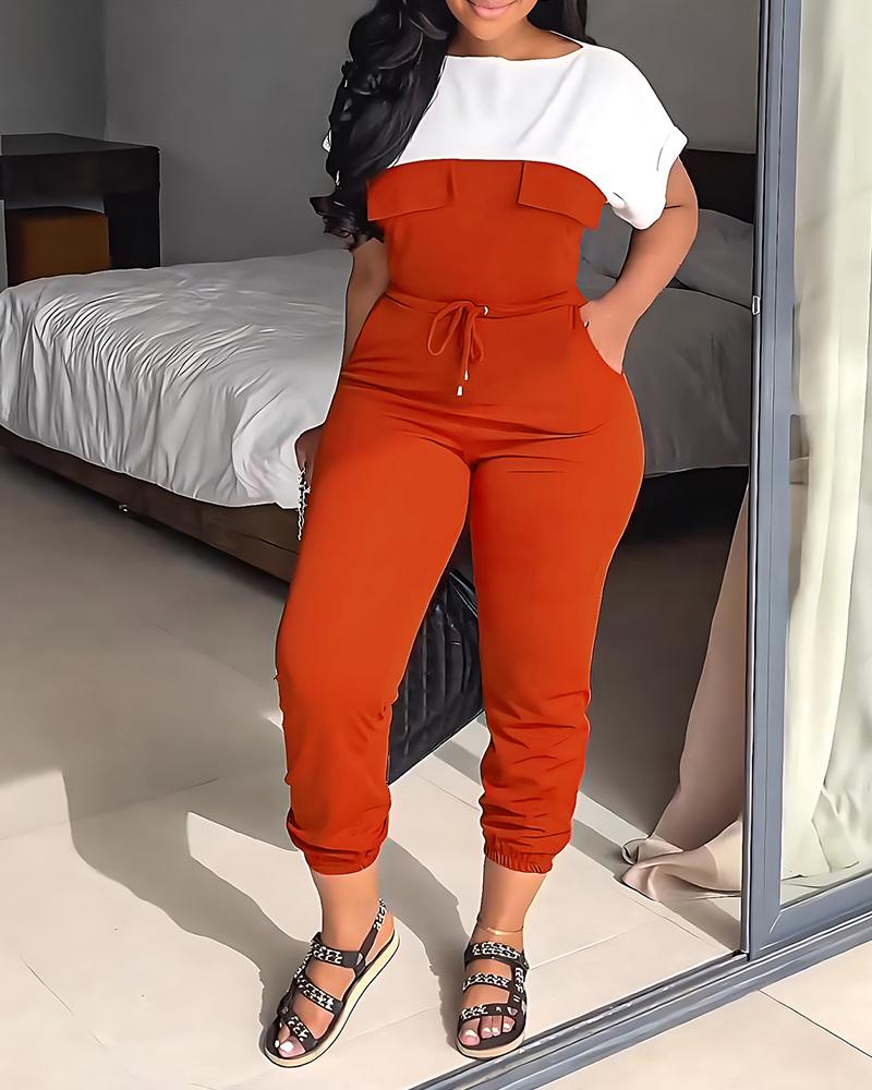 

Colorblock Boat Neck Drawstring Cuffed Jumpsuit, Orange