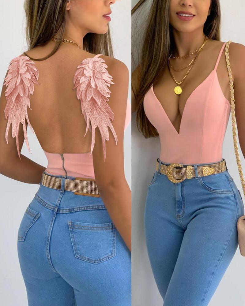 

Angel Wings Decor Backless Cami Top, Pink