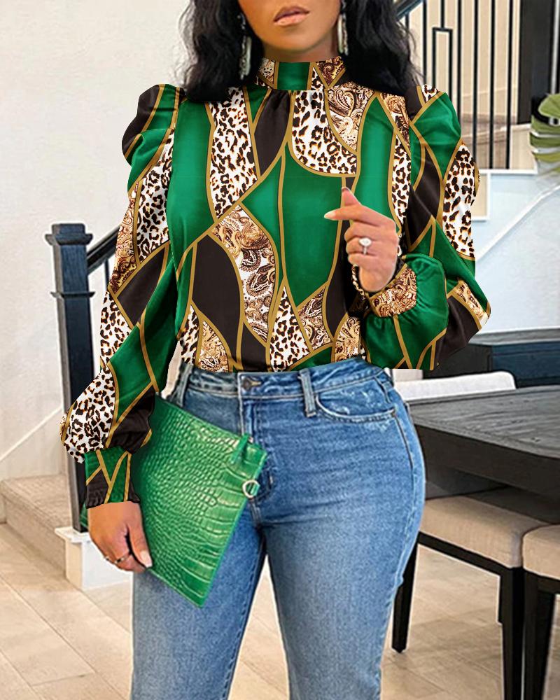 

Baroque Leopard Print Gigot Sleeve Top, Green