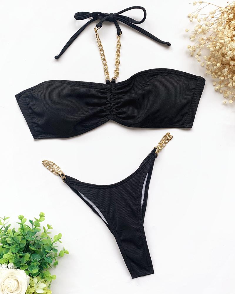 

Halter Chain Strap Ruched Drawstring Bikini Set, Black