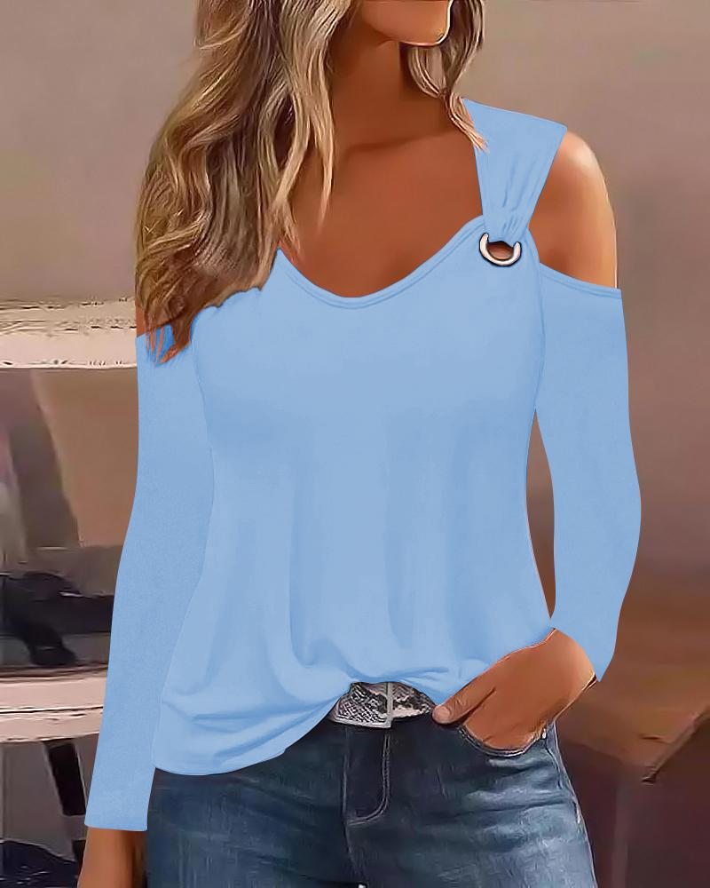 

Cold Shoulder Eyelet Casual Top, Blue