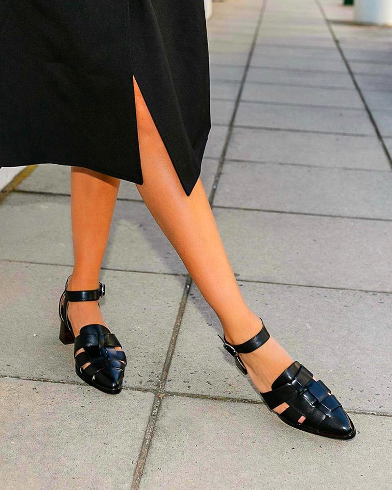 

Cutout Ankle Strap Buckled Pointed Toe Chunky Heels, Black