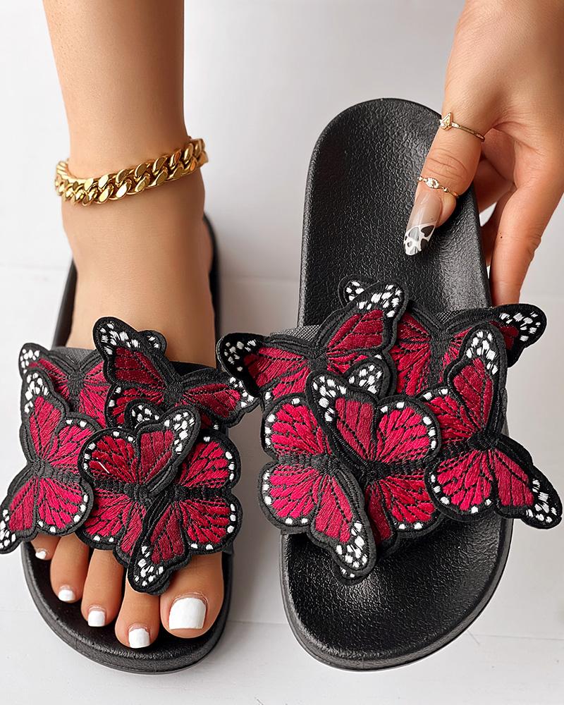 

Embroidery Butterfly Slippers Fashionable Summer Sandals, Red