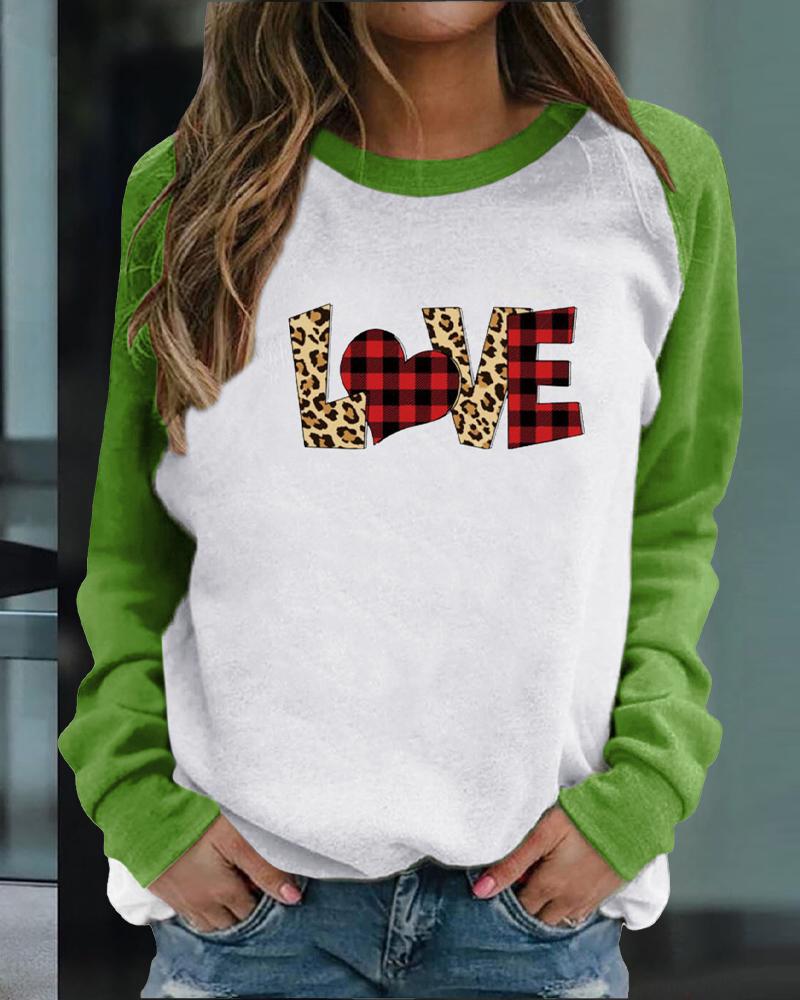 

Valentine' Day Letter Heart Print Raglan Sleeve Sweatshirt, Green