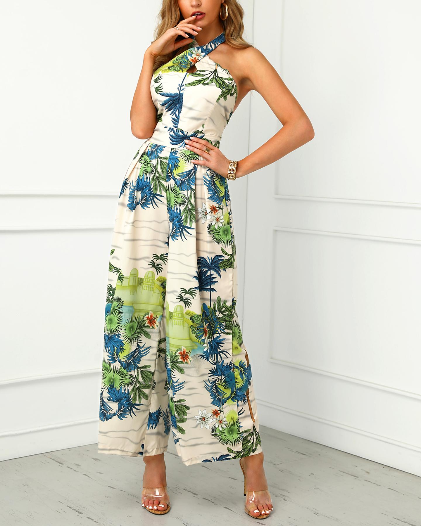 

Crisscross Halter Tropical Print Jumpsuits, Beige