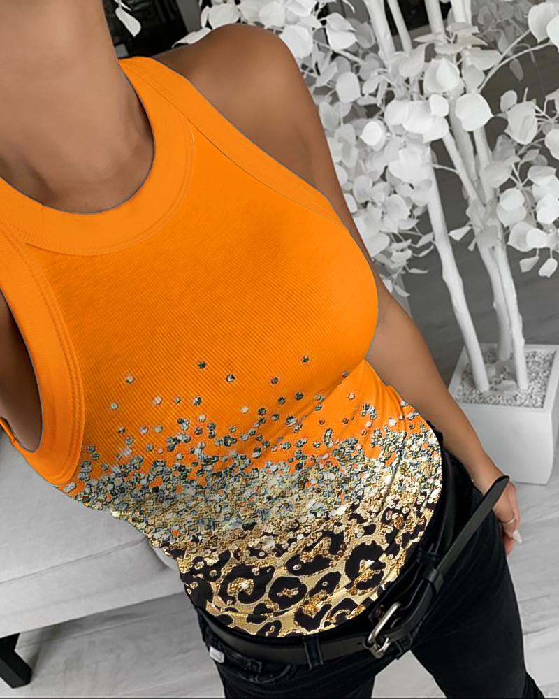 

Contrast Leopard Print Sleeveless Casual Tank Top, Orange