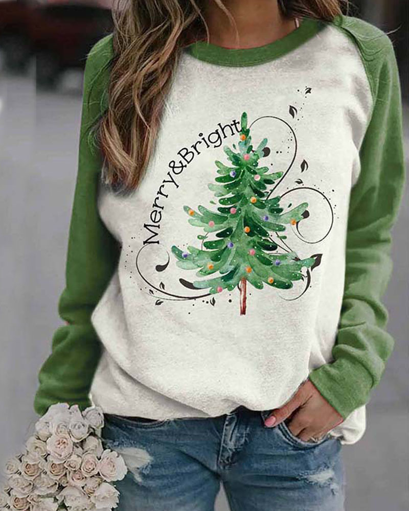 

Christmas Tree Print Long Sleeve Top, Green