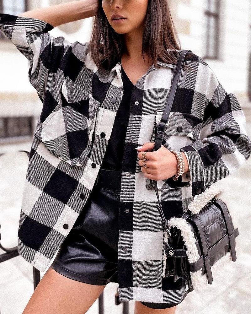 

Plaid Print Long Sleeve Button Front Pocket Design Shirt Shacket, Blackwhite